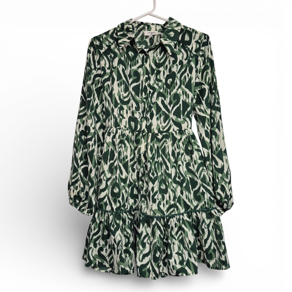 Umgee USA Green Abstract Print Button Down Mini Dress Long Balloon Sleeve Small